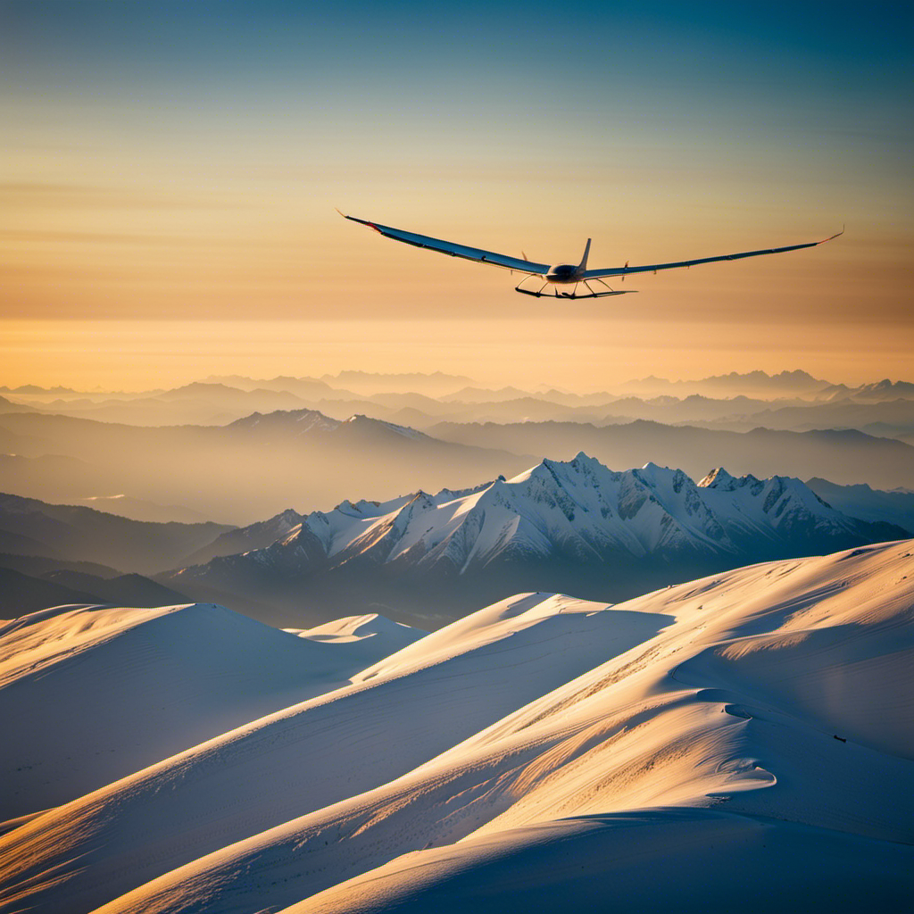 An image showcasing a majestic glider soaring high above snow-capped mountains, traversing vast distances across a serene blue sky, its sleek silhouette contrasting against the golden hues of a breathtaking sunset