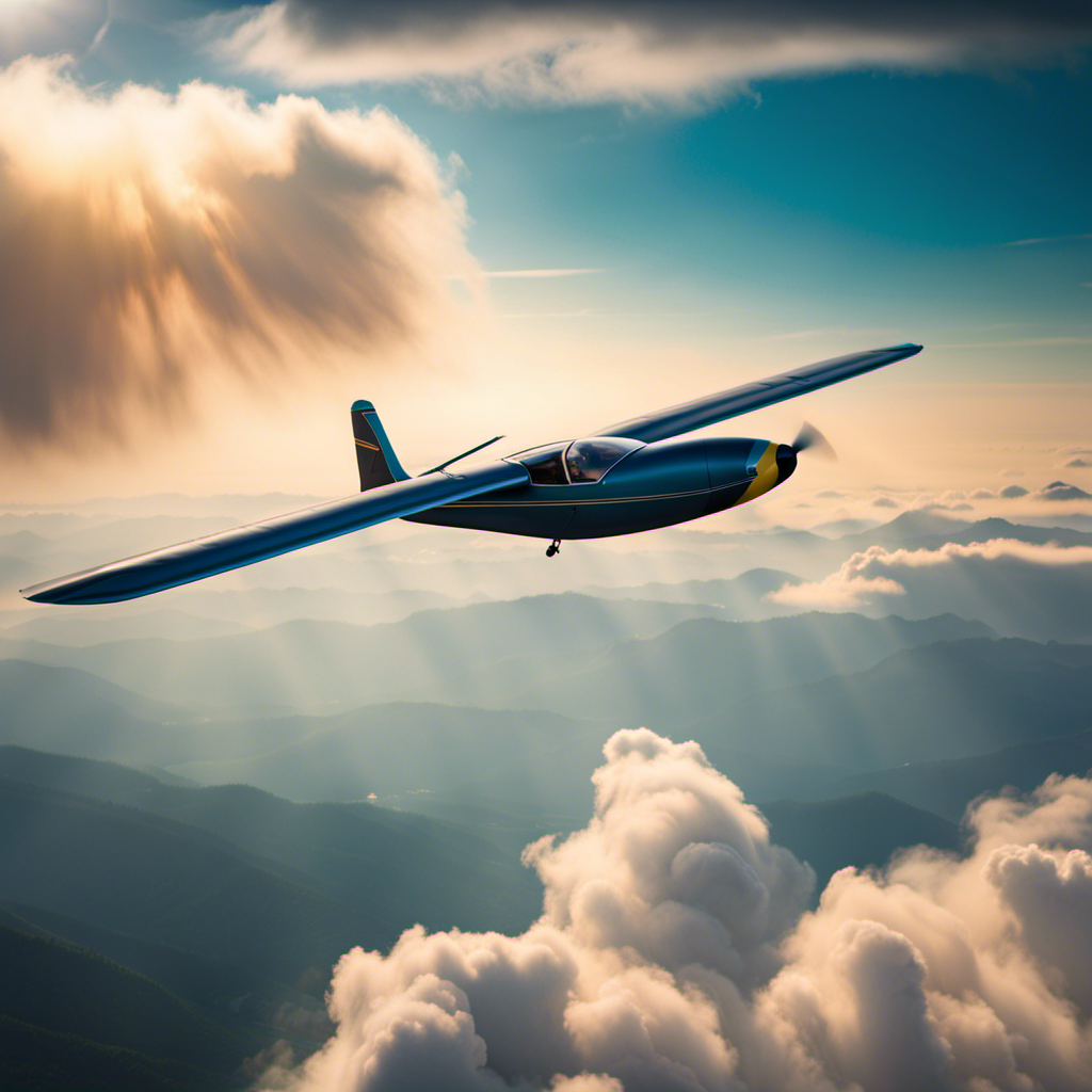 An image showcasing a sleek glider soaring against a vibrant backdrop of wispy, sun-kissed clouds