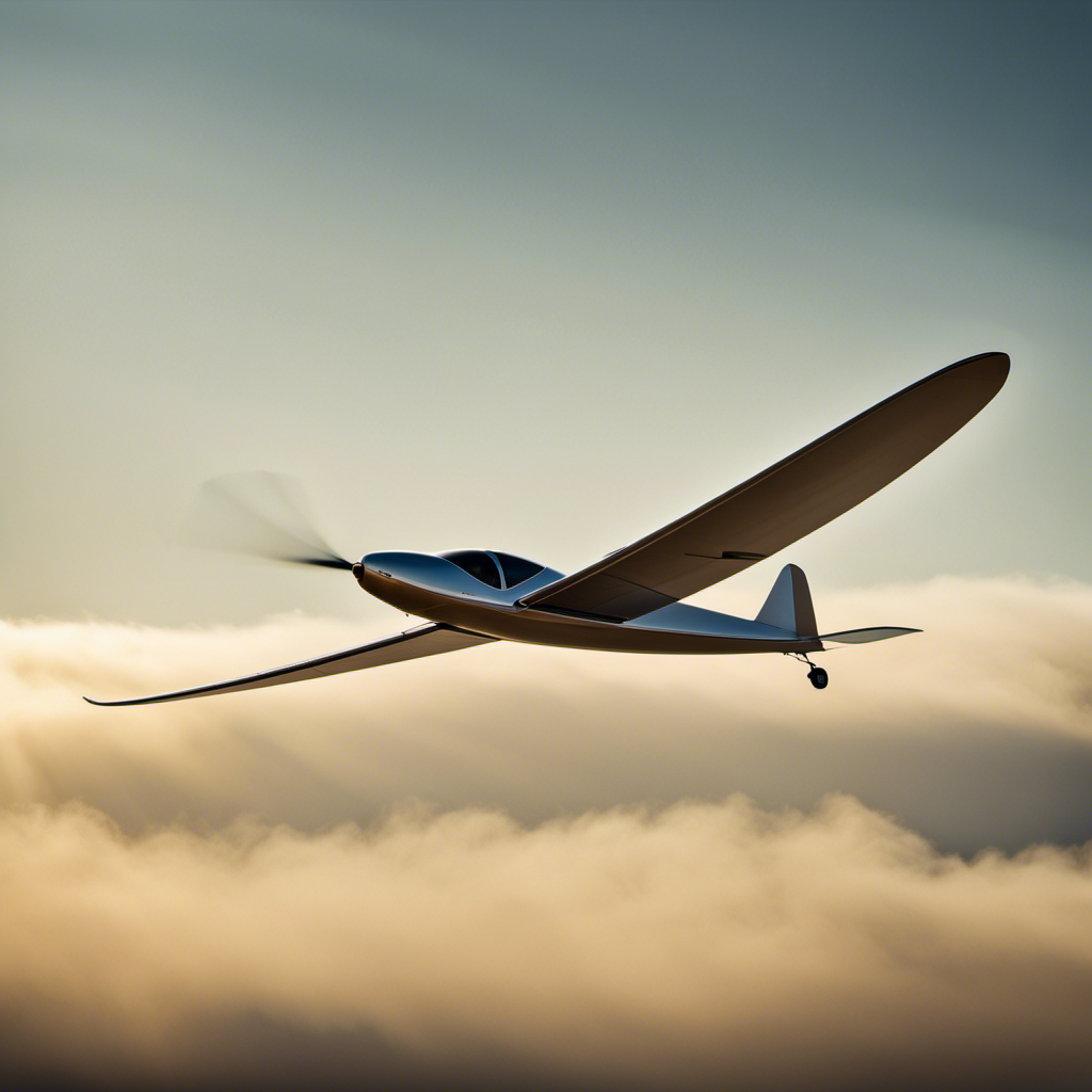 An image depicting a sleek glider soaring gracefully through the sky, its aerodynamic wings fully extended, catching the sunlight as it flies at exhilarating speeds, leaving a trail of subtle condensation in its wake