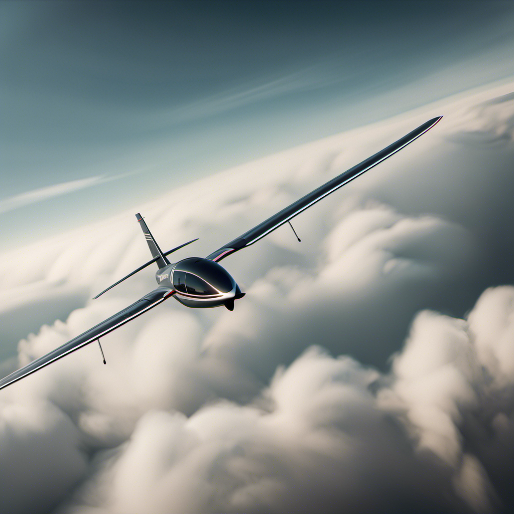 An image showcasing a sleek glider gracefully soaring through the sky at an incredible speed, leaving behind a trail of air currents and showcasing the dynamic nature of gliding