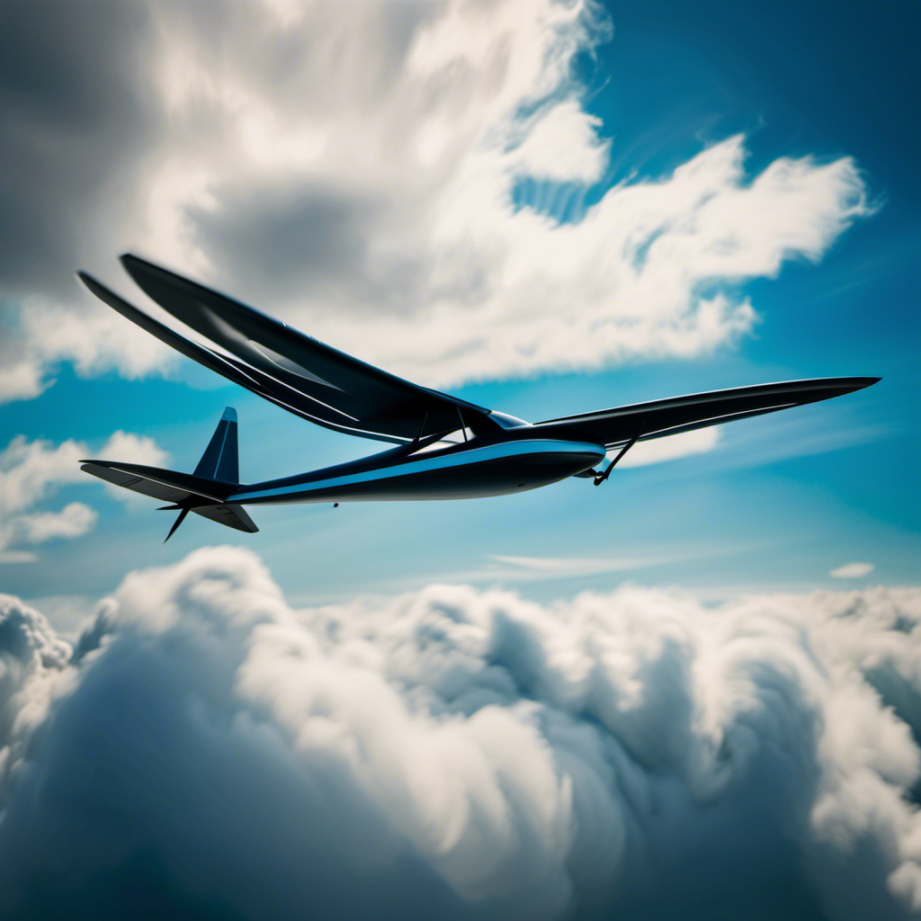 An image featuring a sleek glider effortlessly soaring through the sky, its wings elegantly curved upwards, surrounded by wisps of clouds