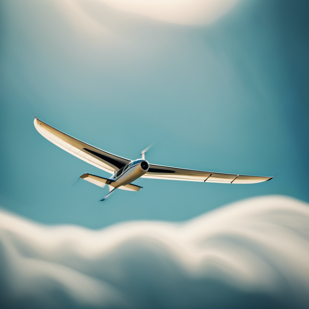 An image of a sleek glider plane soaring through a clear blue sky, its wings gracefully slicing through the air, capturing the exhilarating speed with a blurred background and a trail of condensation forming behind