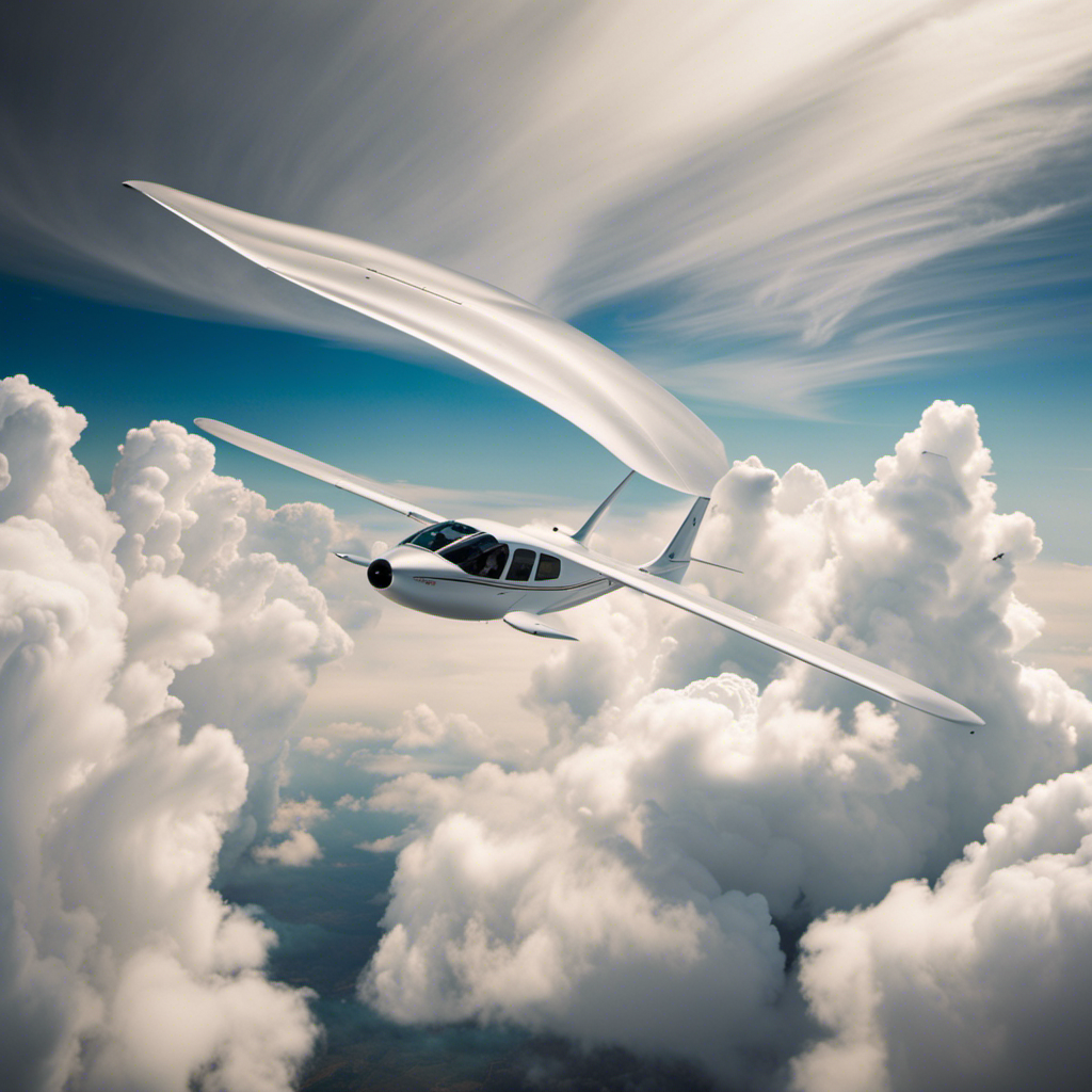 An image that captures the graceful motion of a glider soaring through the sky: a sleek, aerodynamic aircraft gliding effortlessly amidst puffy white clouds, with its wings curved upward, harnessing invisible air currents for flight