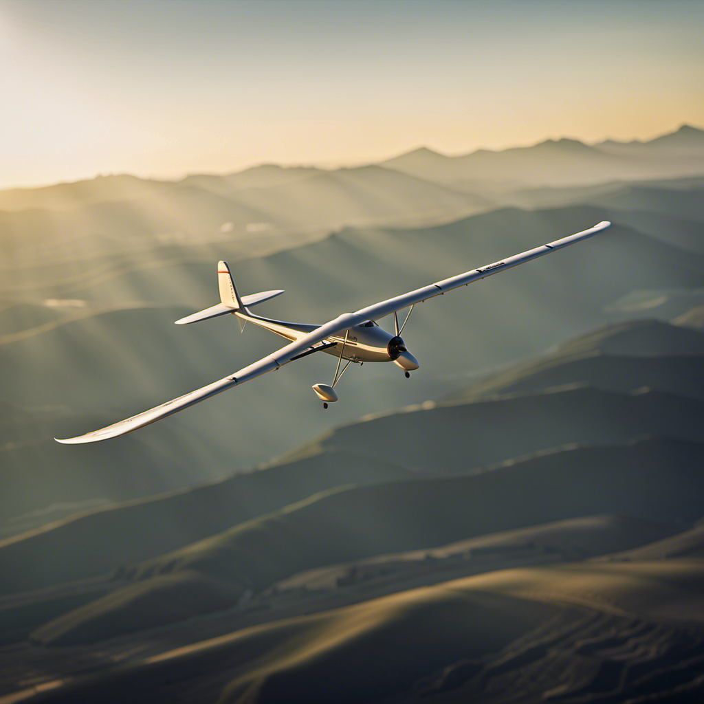 An image showcasing the intricate mechanics of a glider in mid-flight, capturing the graceful curvature of its wings, the streamlined fuselage, and the air currents gracefully lifting it higher