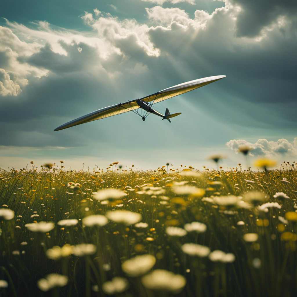 An image featuring a serene meadow, with a graceful glider floating effortlessly in the sky above