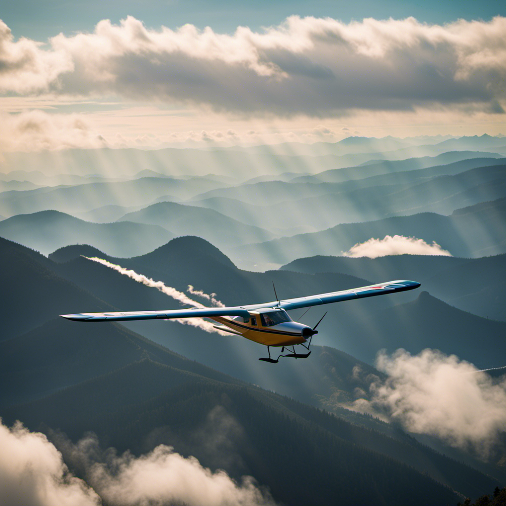 An image capturing the awe-inspiring sight of a glider gracefully soaring through wispy, sun-kissed clouds, high above towering mountain peaks, showcasing the boundless freedom and exhilarating heights gliders can reach
