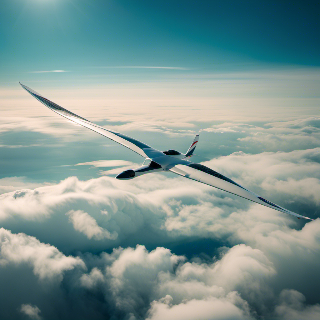 An image featuring a vibrant glider soaring gracefully amidst wispy clouds at the highest altitude