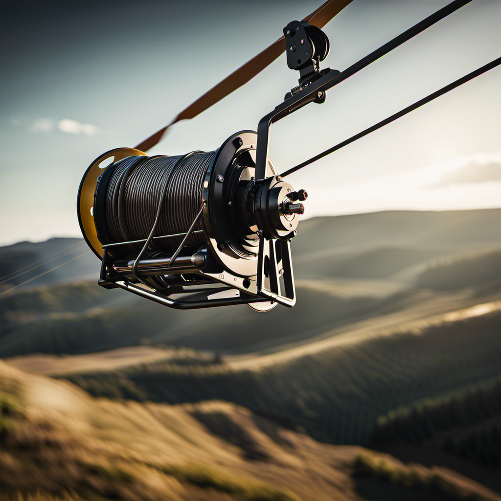 An image showcasing a high glider winch in action, capturing the thrilling moment as a sleek glider soars high above the ground, propelled by the power of the winch, with the landscape below beautifully visible