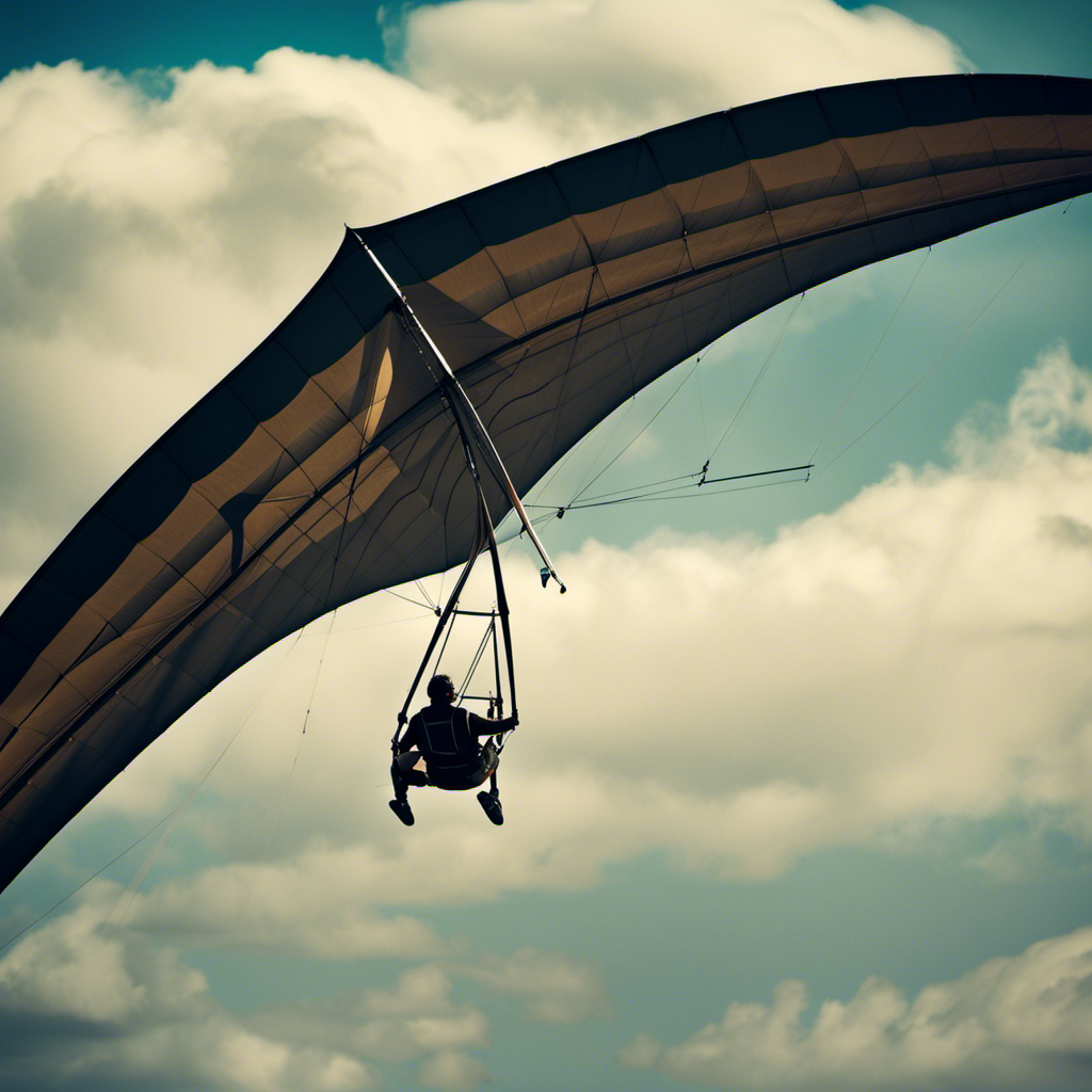An image showcasing a hang glider soaring through the sky, with a large sail area elegantly supporting a heavier pilot effortlessly