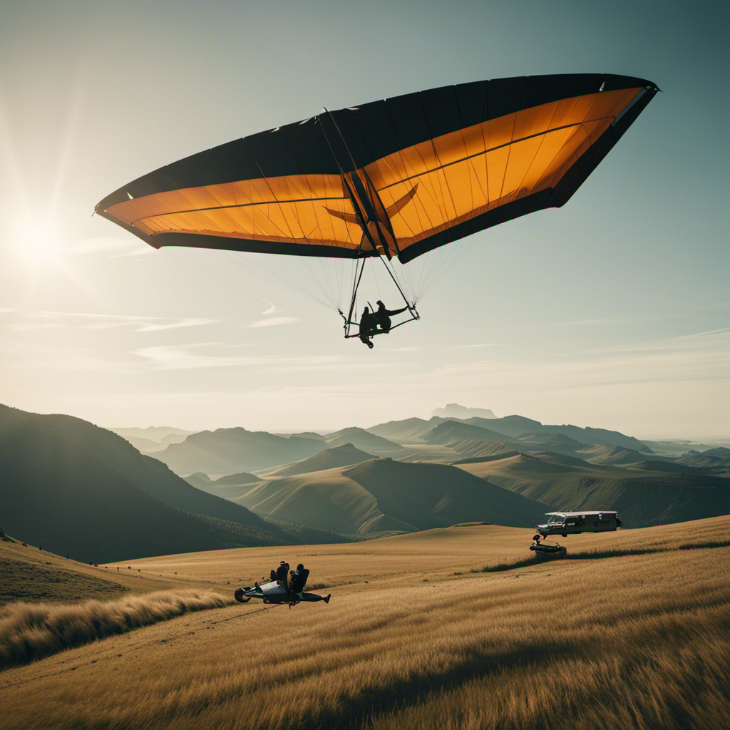 An image showcasing a hang glider suspended in mid-air, depicting a pilot with a slight build effortlessly soaring through the sky, while another with a heavier build struggles to gain altitude due to a significantly shorter wingspan