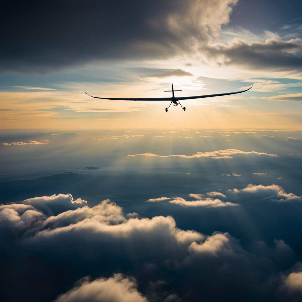 An image showcasing a vibrant glider soaring effortlessly through a vast sky, contrasting the sunlit clouds against the deep blue horizon