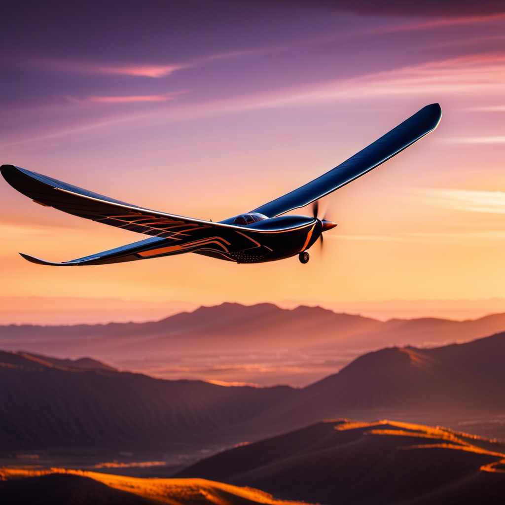 An image of a sleek glider soaring gracefully through a vibrant sunset sky, its wings outstretched, catching the warm golden rays, while a distant mountain range provides a breathtaking backdrop