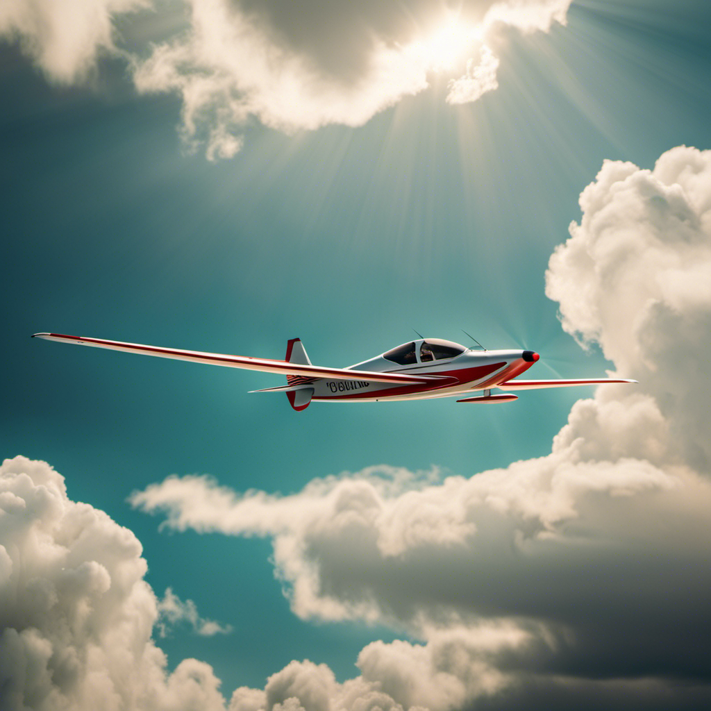 An image showcasing a sleek glider plane soaring gracefully through a vibrant sky, with sunlight illuminating its wings while fluffy white clouds surround it, evoking a sense of timelessness and endless flight