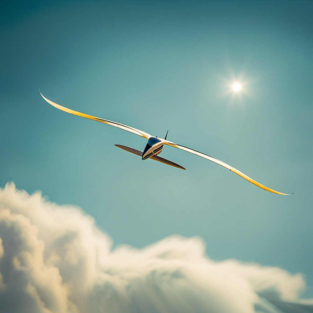 An image showcasing a graceful glider soaring effortlessly through a vibrant blue sky, its slender wings stretched wide, capturing the warm sunlight as it hovers above a picturesque landscape for an extended period of time
