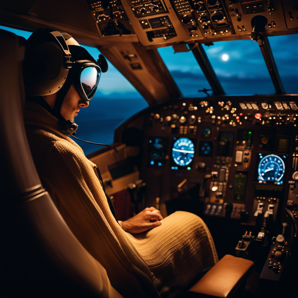 An image showcasing a dimly lit cockpit with a reclined pilot's seat, adorned with a cozy blanket and a sleep mask