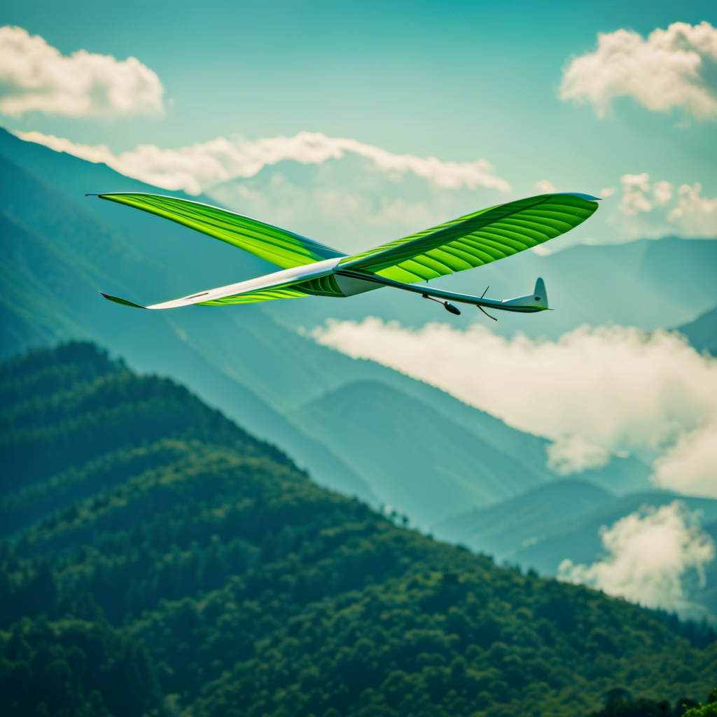 An image of a graceful glider soaring high above lush green mountains, its sleek wings spread wide against a vivid blue sky
