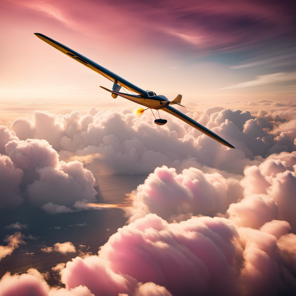 An image showcasing a serene scene of a glider soaring through the cotton candy clouds, with the golden sun casting a warm glow on the aircraft as it gracefully floats above a tranquil landscape