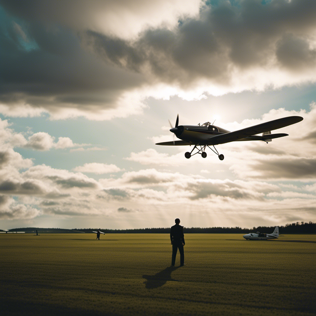 An image showcasing a sunlit airfield with a glider soaring gracefully against a backdrop of fluffy clouds