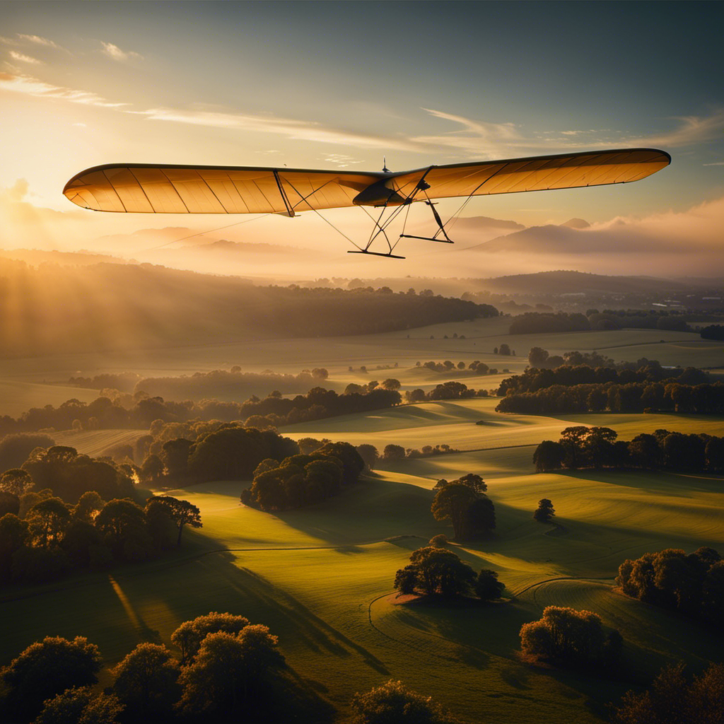 An image featuring a serene landscape at dawn, with a glider soaring gracefully in the sky