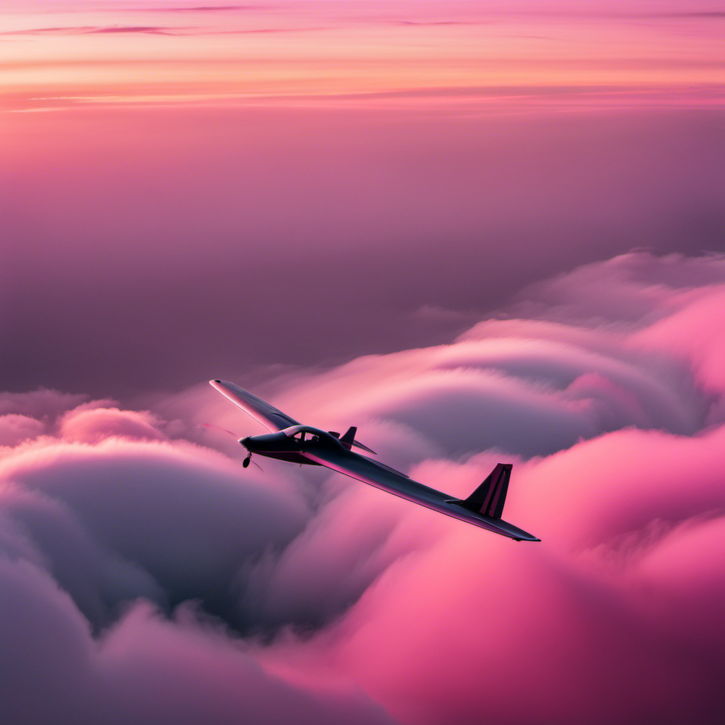 An image capturing a serene sky at dawn, with a glider gracefully soaring amidst pink-tinted clouds