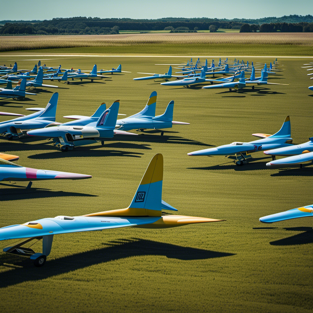 An image showcasing a panoramic view of a bustling glider airfield, with countless colorful gliders soaring against a clear blue sky, representing the diverse and thriving community of glider pilots worldwide