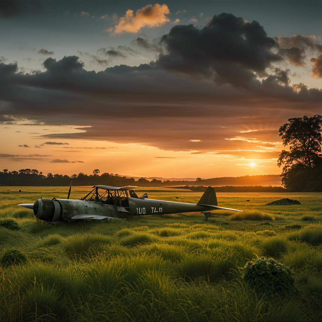 An image showcasing a serene sunset over a vast, green landscape with remnants of glider wreckage scattered among trees, evoking the tragic beauty of glider pilots' sacrifices during World War II