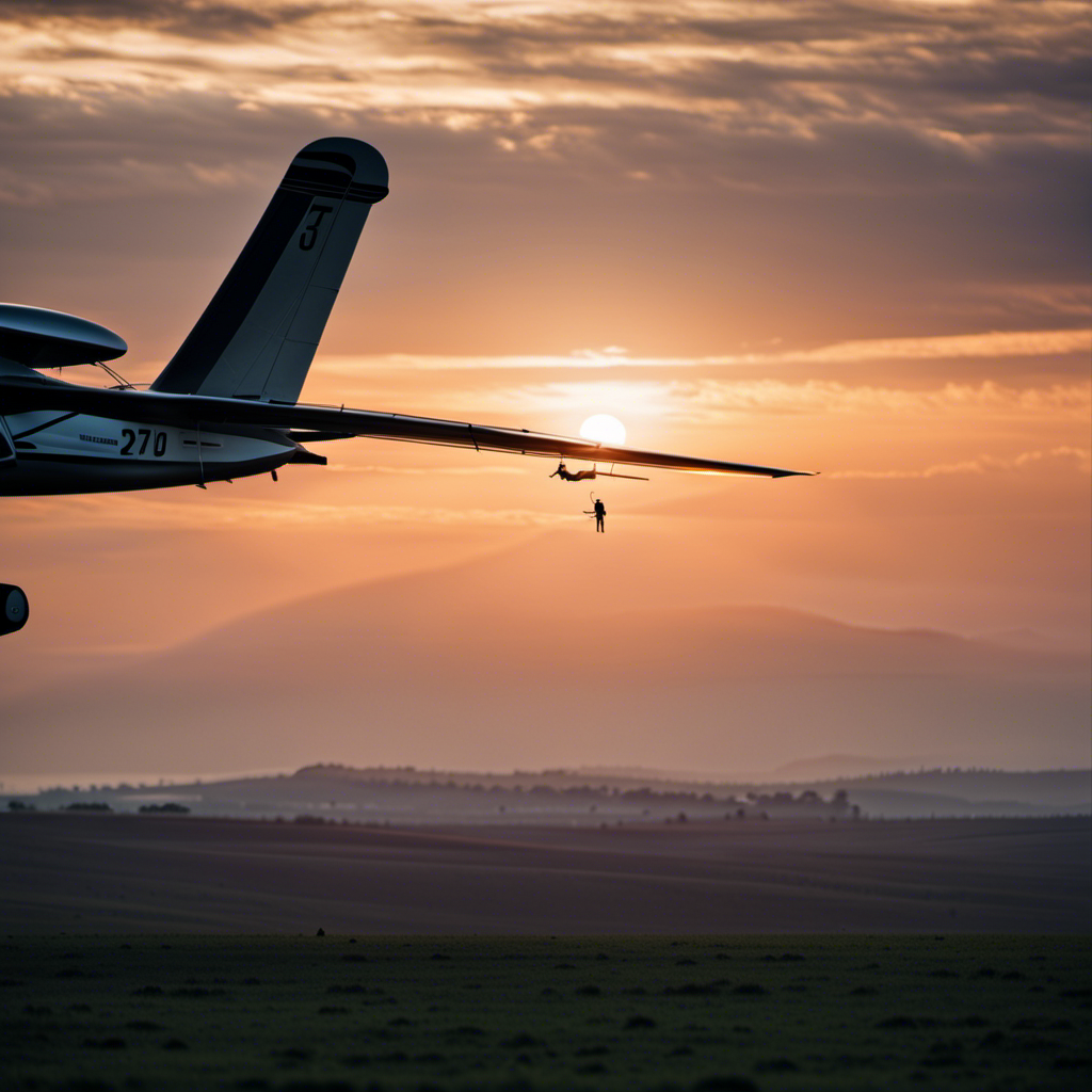 An image showcasing a serene sunset sky, with a dedicated pilot expertly maneuvering a glider while towing it with precision, capturing the captivating essence of the hours required for mastering this unique skill