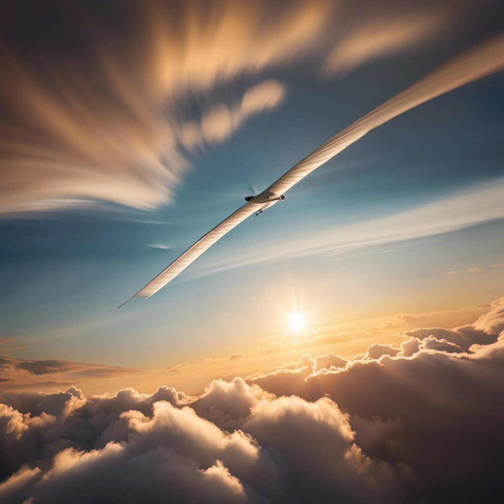 An image depicting a serene, cloud-dotted sky as a glider gracefully soars through the air, its wings elegantly curving as the sun sets, capturing the sense of time passing and the dedication required to master the art of gliding