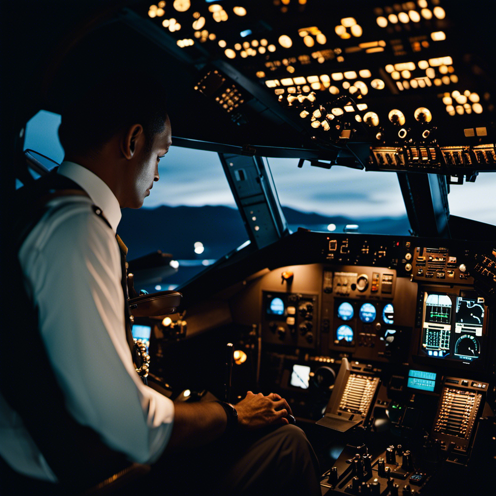 An image showcasing a dimly lit cockpit at night, with a pilot's head tilted back in slumber, hands off the controls, and an eerie silence enveloping the scene as the plane continues on its course