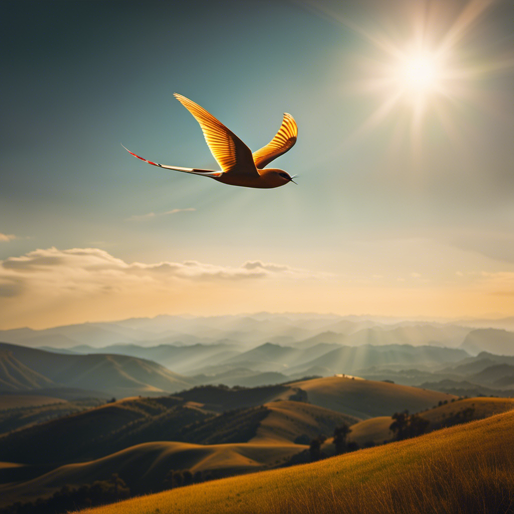 An image of a vibrant, sun-kissed sky with a graceful glider soaring effortlessly, its slender wings outstretched against a backdrop of rolling hills and distant mountains, evoking a sense of freedom and infinite possibilities