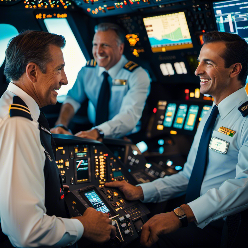 An image showing a close-up view of a Boeing 787 cockpit, with two pilots wearing their distinctive uniforms, each holding a paycheck in one hand and a satisfied smile, showcasing their rewarding earnings