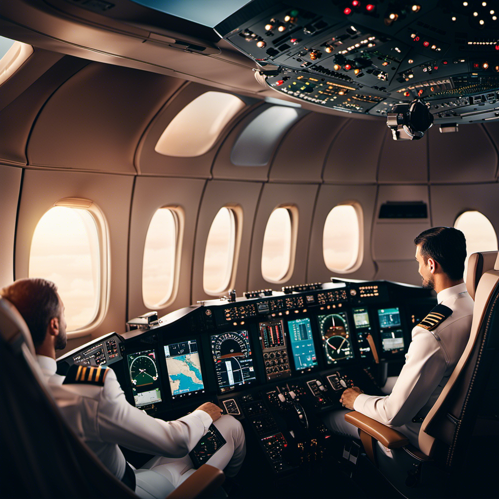 An image showcasing a panoramic view of a luxurious Emirates cockpit, with two pilots dressed in their immaculate uniforms, seated in ergonomic chairs, surrounded by sophisticated flight instruments and controls