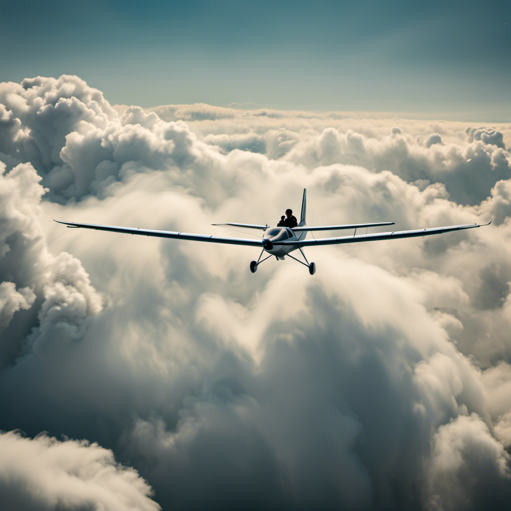 An image showcasing a skilled glider pilot soaring gracefully through a cloud-speckled sky, their focused expression reflecting the sheer exhilaration of their career