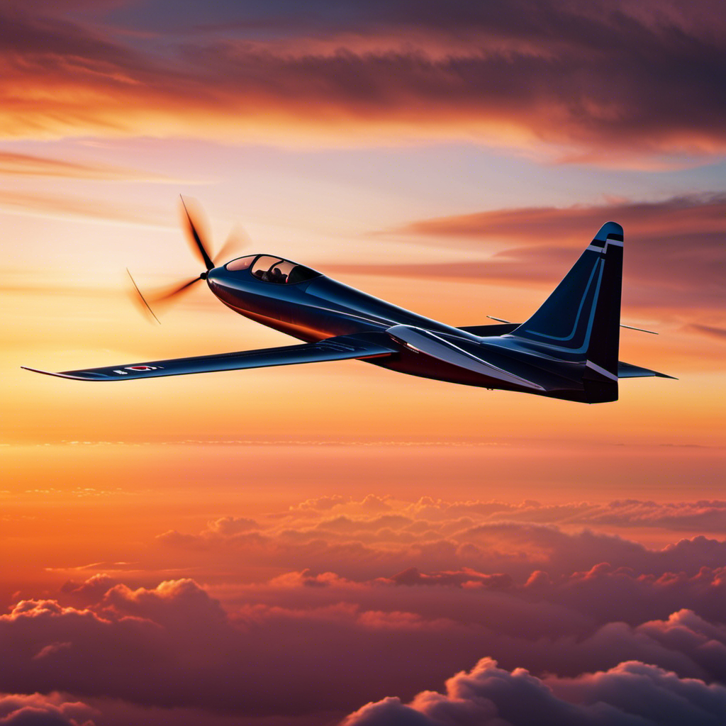 An image showcasing a sleek glider plane in mid-air, gracefully soaring against a vibrant sunset backdrop