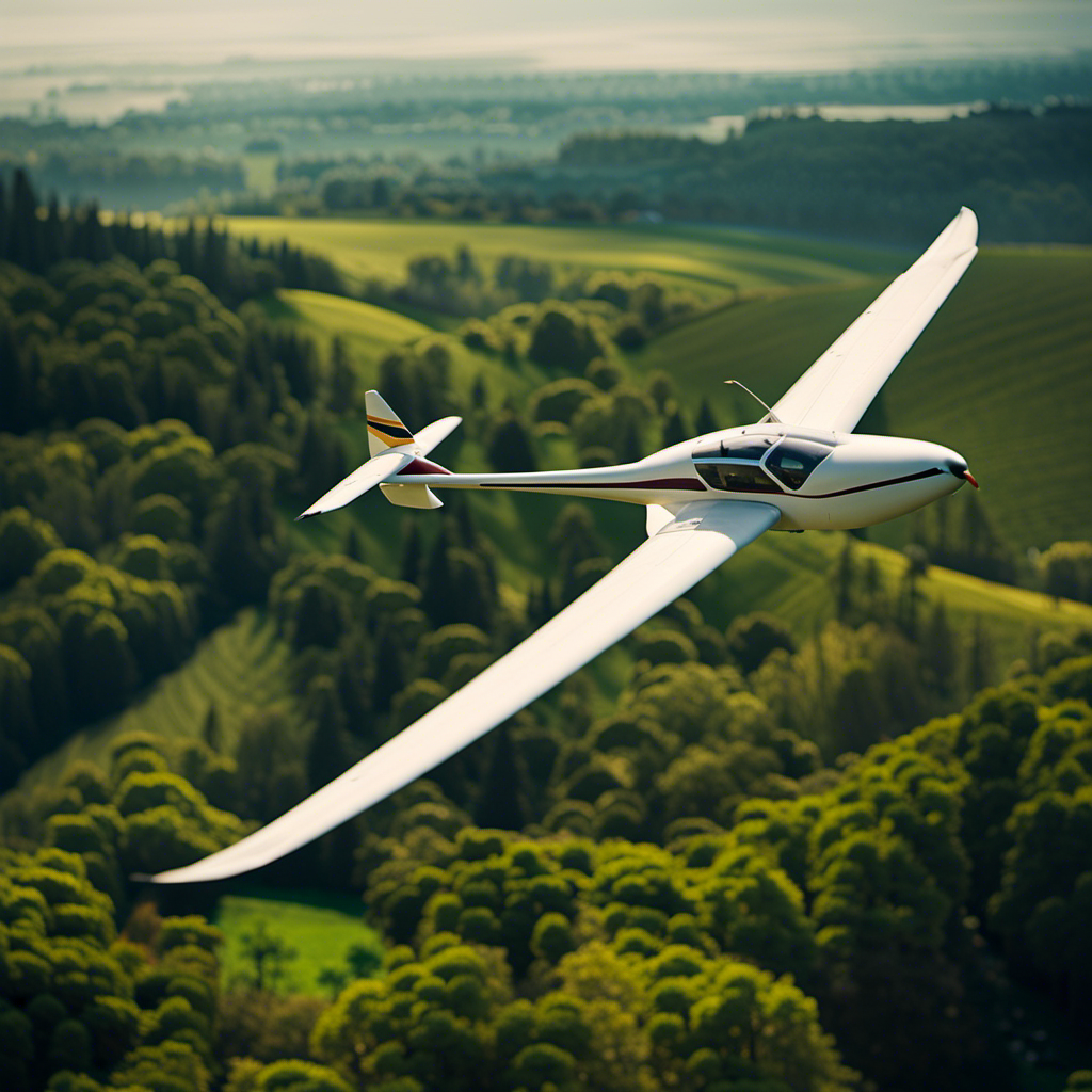 An image showcasing a glider soaring gracefully through the sky, surrounded by a lush landscape