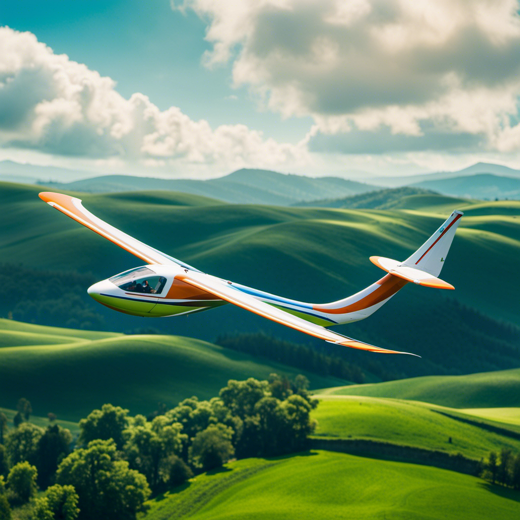 An image that showcases a sleek, modern glider soaring through a vibrant blue sky, amidst a backdrop of rolling green hills