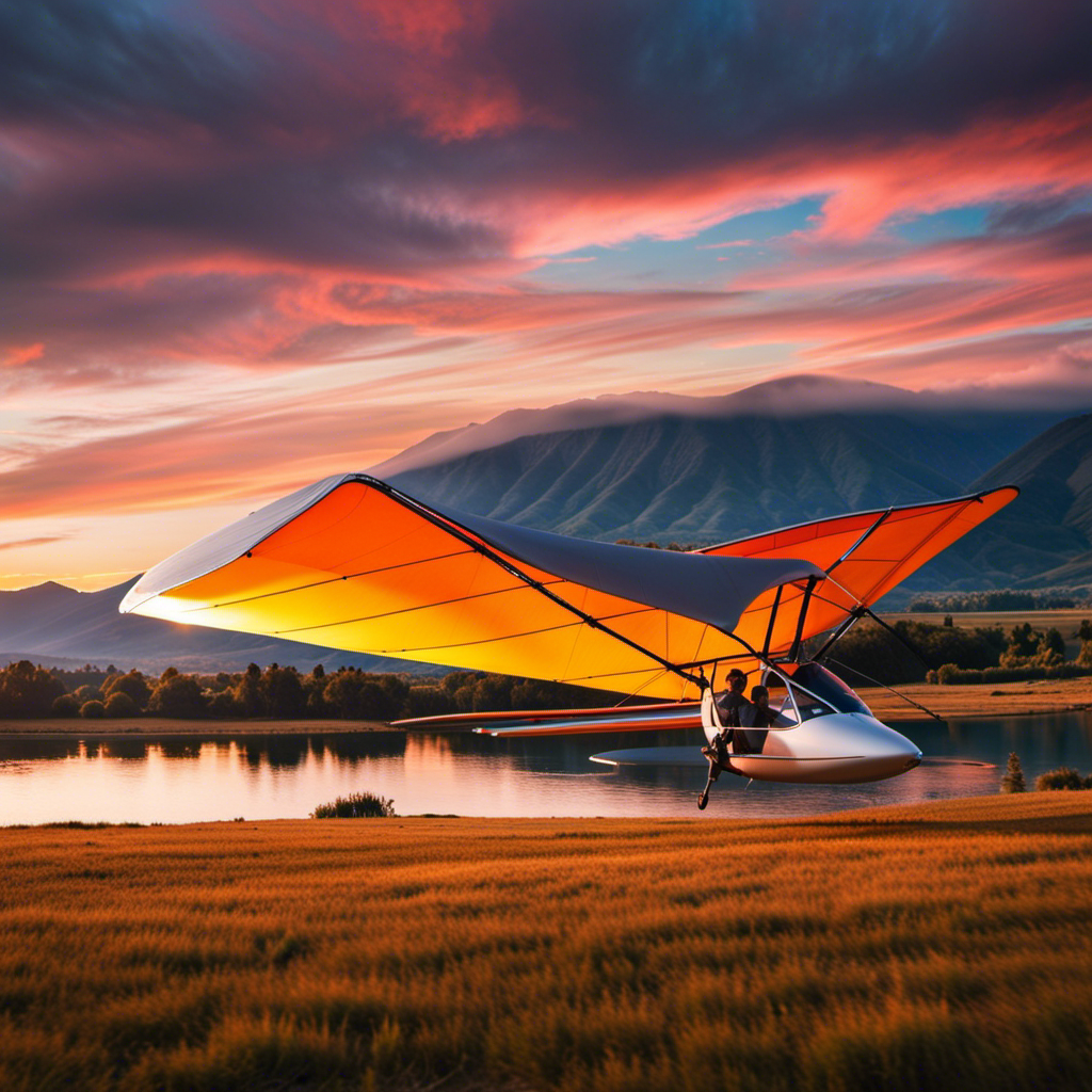 An image showcasing a vibrant sunset backdrop, with a gleaming, state-of-the-art hang glider suspended in mid-air