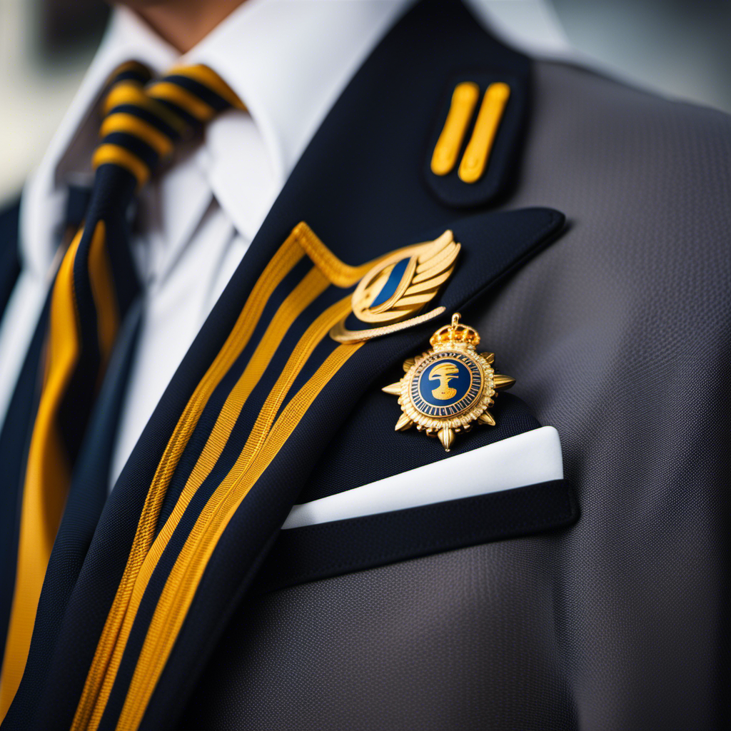 An image showcasing a high-resolution close-up of a Lufthansa captain's gold-striped uniform sleeve, subtly revealing their meticulous craftsmanship and distinctive emblem, representing the financial success and prestige associated with their profession