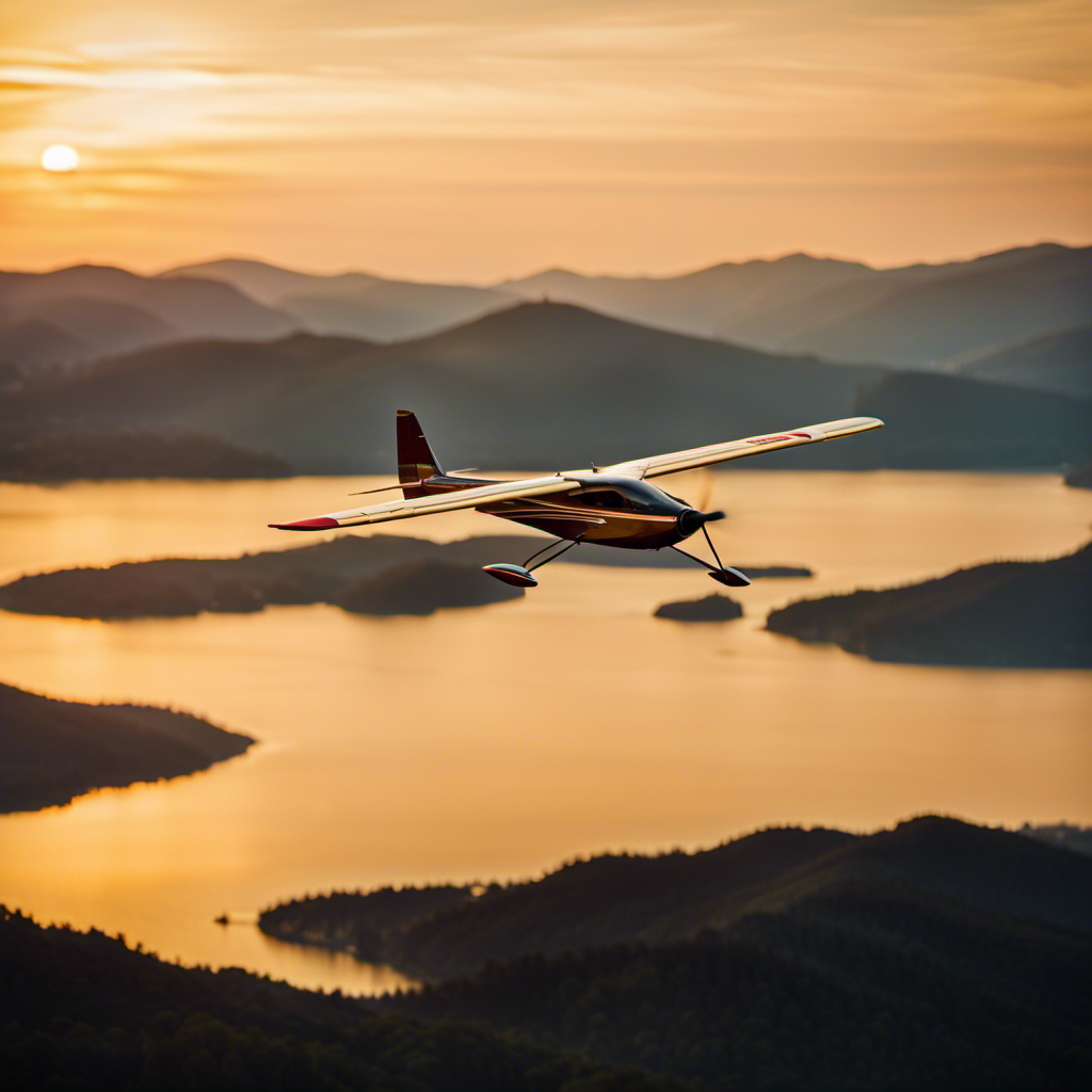 An image showcasing a sleek, modern glider gracefully soaring through a golden sunset-lit sky, with a backdrop of picturesque mountains and a glimmering lake below, evoking a sense of freedom and adventure