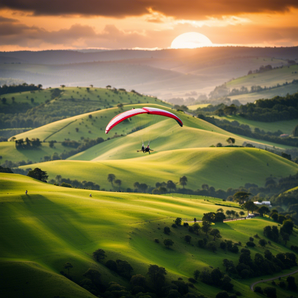 An image showcasing a vibrant sunset backdrop, with a panoramic view of a hang glider soaring gracefully above lush green hills, capturing the thrilling and awe-inspiring experience of hang gliding
