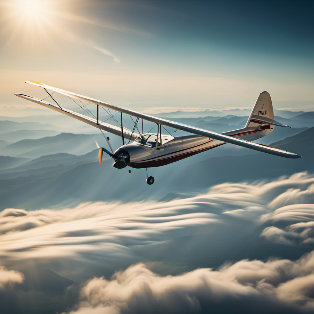 An image showcasing a serene glider soaring gracefully above breathtaking landscapes, with a clear view of the cost-related elements subtly incorporated - a fuel pump, flight logbook, and a calculator