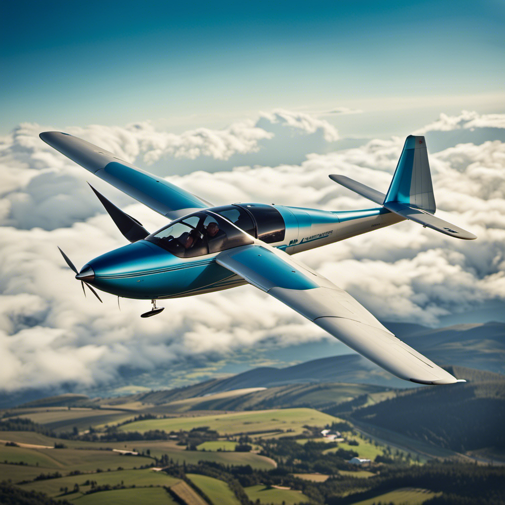 An image showcasing a glider soaring through the azure sky, with a picturesque landscape below