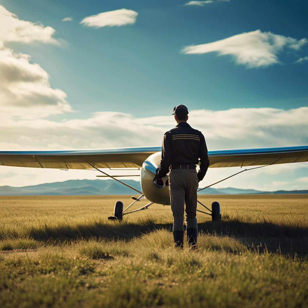 An image capturing the essence of obtaining a glider pilot license: a tranquil airstrip nestled amidst rolling hills, a gleaming glider soaring against a clear blue sky, and a pilot, arms outstretched, embracing the freedom of flight