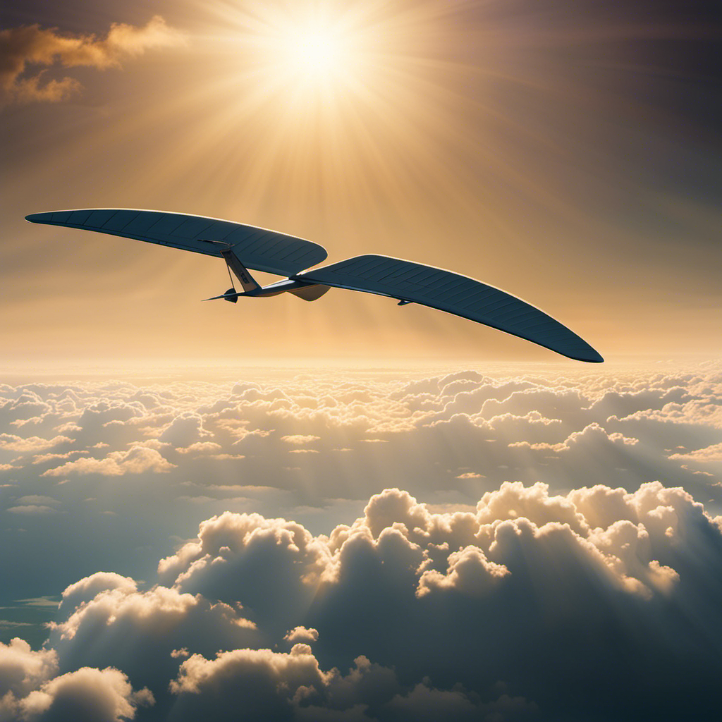 An image showcasing the serene beauty of the open sky, capturing a glider soaring gracefully through wispy clouds, while the sun's golden rays illuminate the breathtaking landscape below