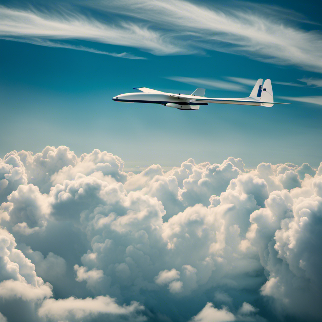 An image showcasing a serene blue sky backdrop with a glider soaring gracefully amidst puffy white clouds
