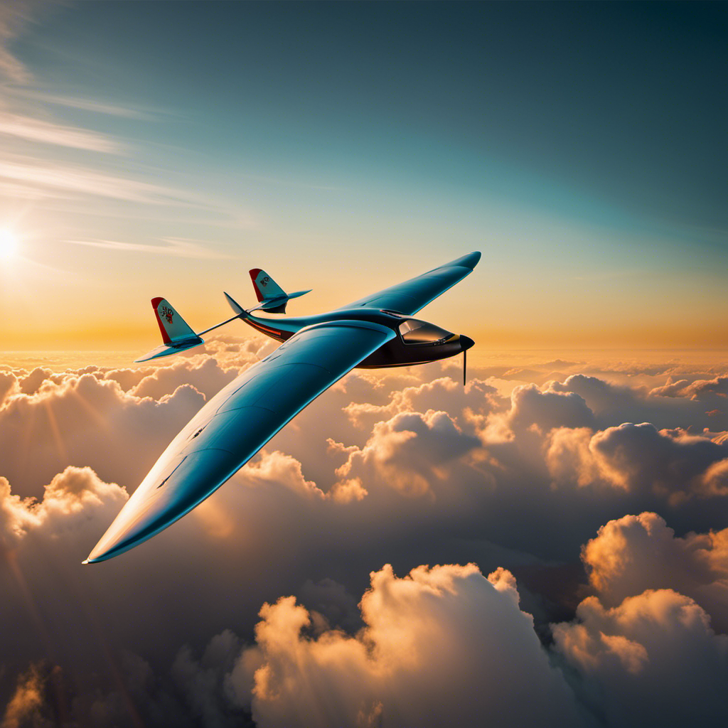 An image showcasing a graceful glider effortlessly soaring through the azure sky, its sleek wings outstretched, capturing the vibrant hues of a setting sun