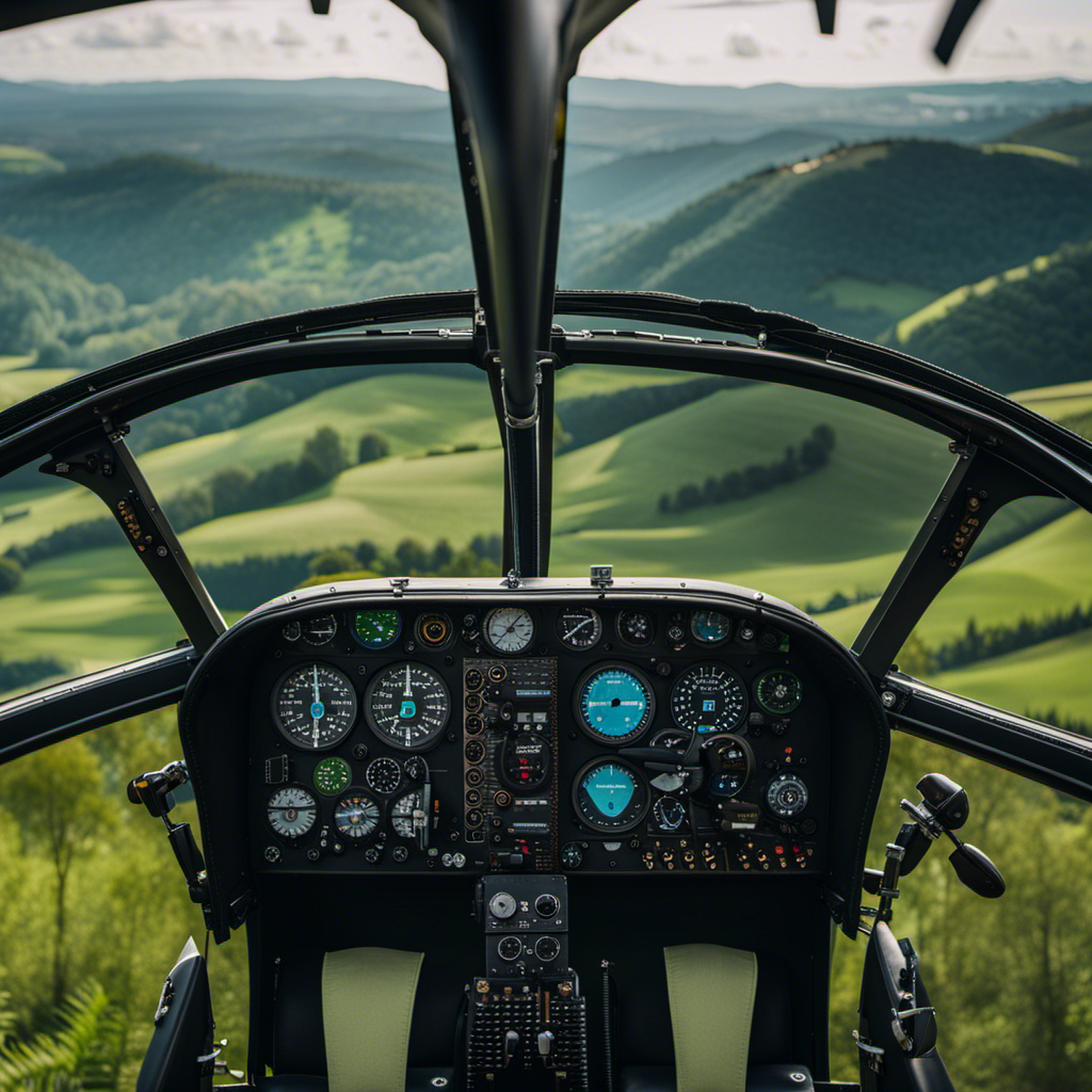 -up shot of a glider cockpit, displaying a meticulously arranged array of flight instruments, control knobs, and a sleek black leather pilot's seat, surrounded by panoramic views of lush green rolling hills