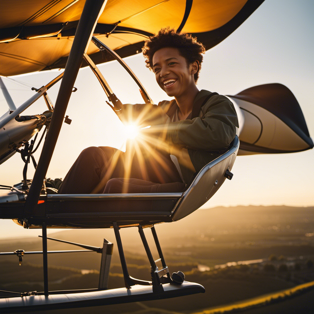 An image showcasing a young teenager, beaming with excitement, strapped into a glider's cockpit