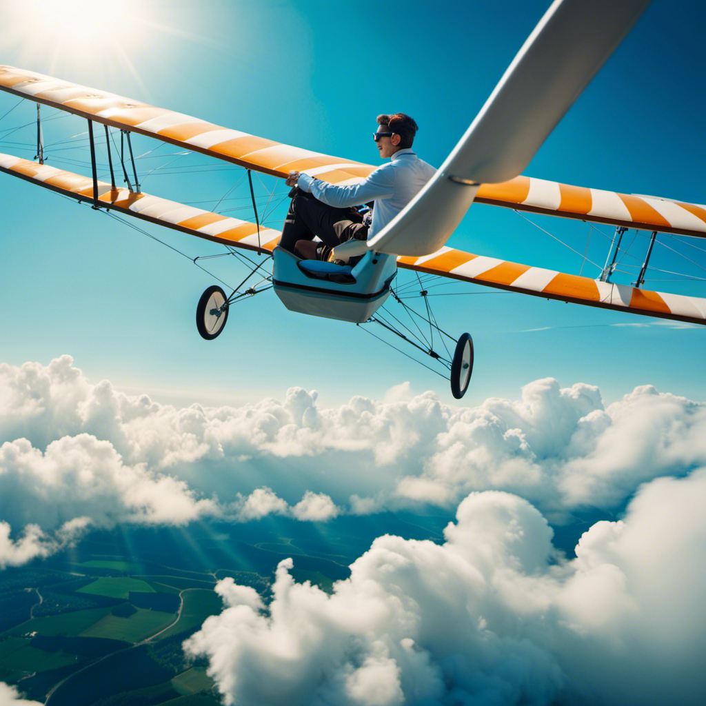 An image showcasing a bright blue sky dotted with fluffy white clouds, capturing a young individual confidently piloting a glider, their hands skillfully maneuvering the controls with a look of pure exhilaration on their face