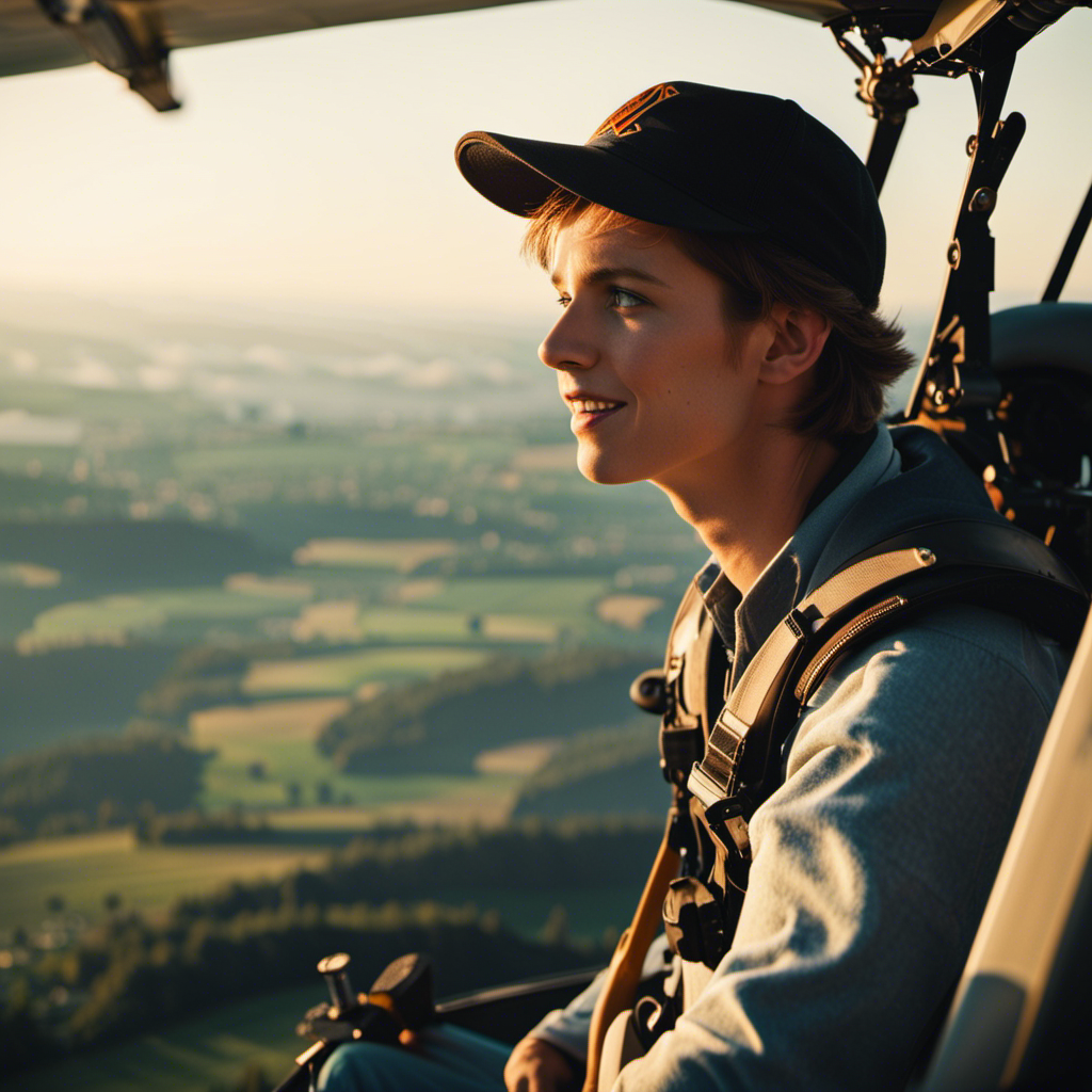 E of a young teenager effortlessly soaring through the cloudless sky in a glider, confidently maneuvering the controls with a look of pure exhilaration on their face, surrounded by the breathtaking panoramic view below